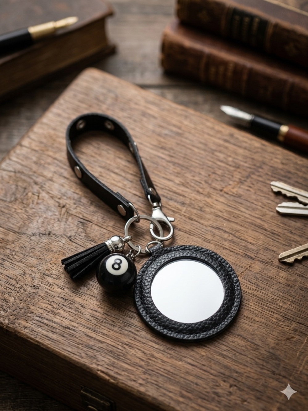 Black Leather Keychain Lanyard with Mirror ,8 ball and Tassel new !🎱 - Picture 4 of 4